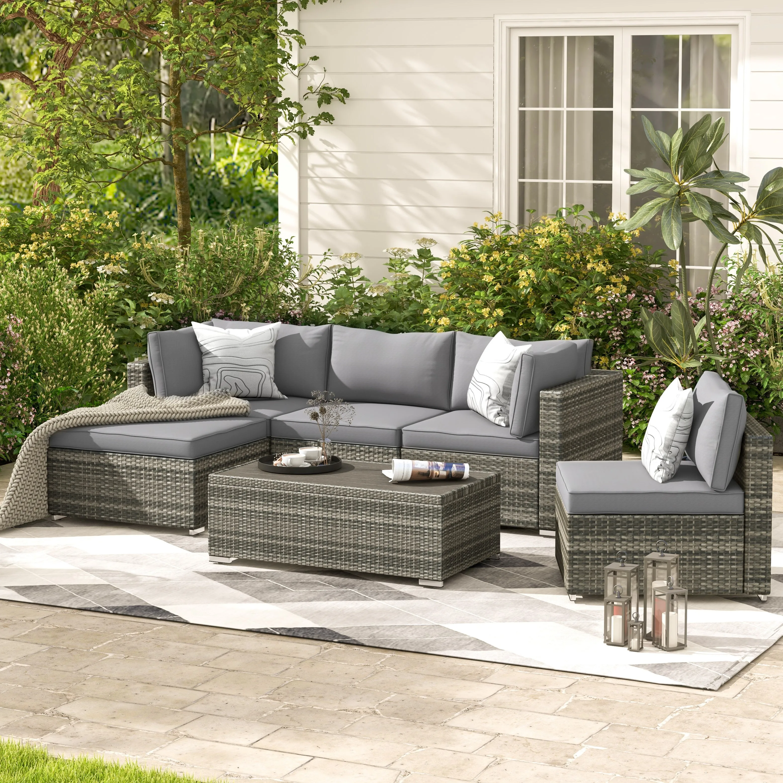 6 Pcs Outdoor Sectional Sofa Set Clearance Patio Rattan Furniture with Coffee Table, All Weather Wicker Conversation Set(Grey)