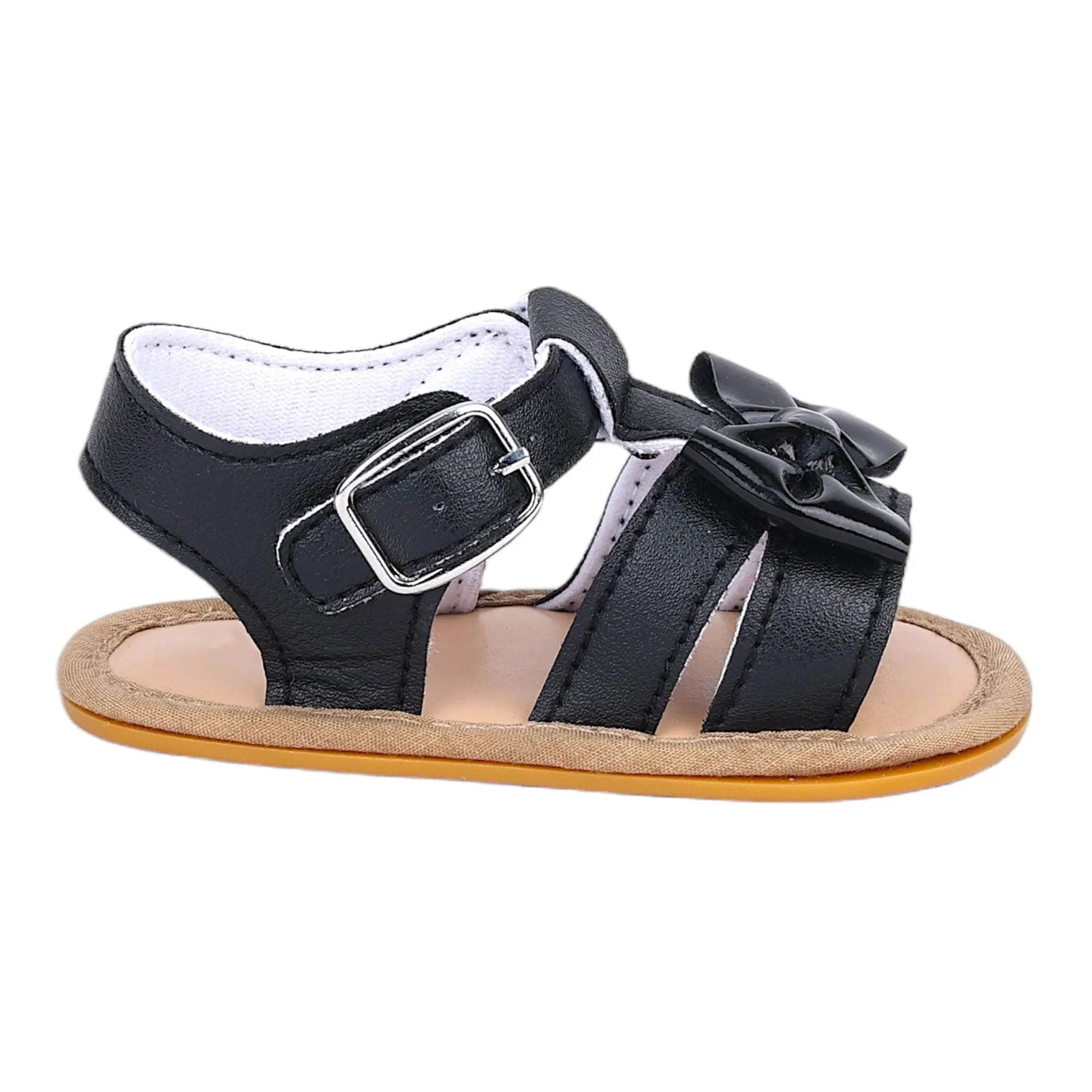 Baby Moo Bow Velcro T-Strap Anti-Skid Open Toe Sandals - Black