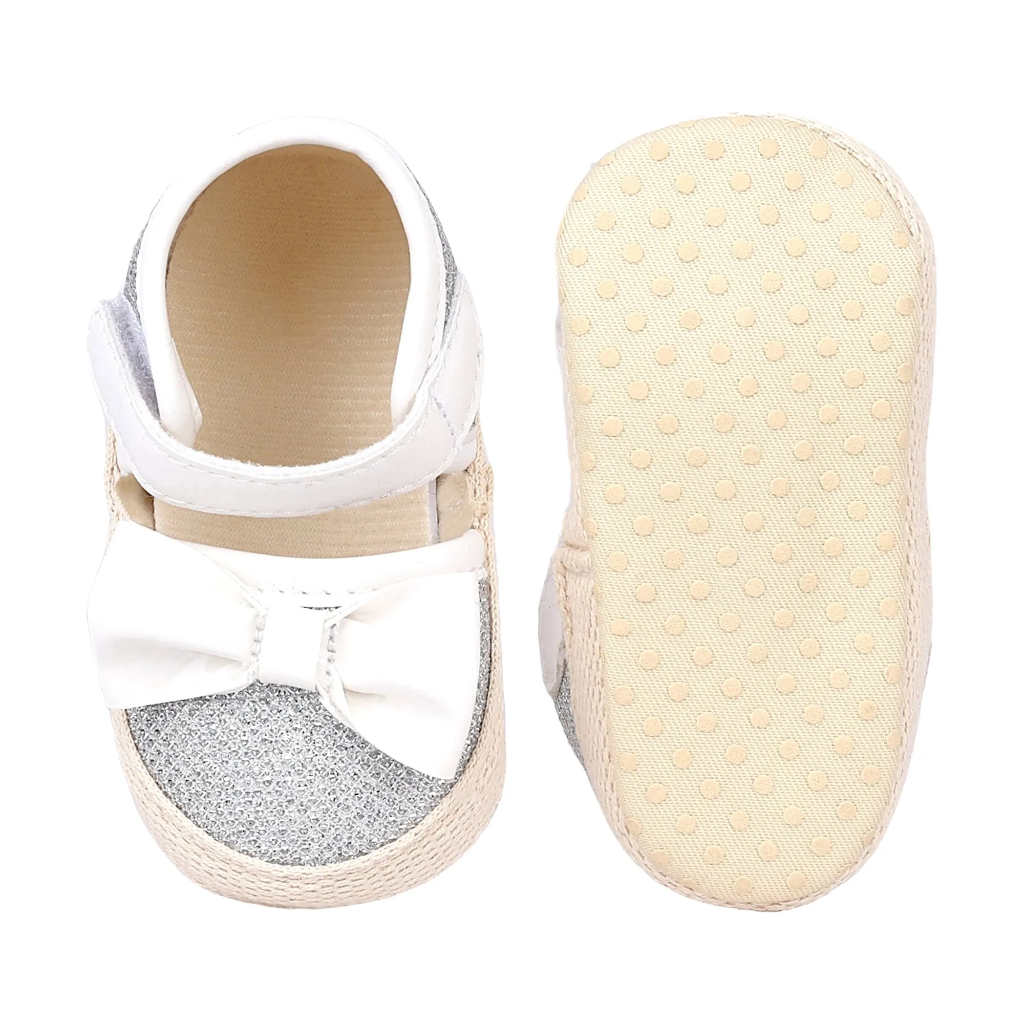 Baby Moo Glittery Partywear Bow Velcro Strap Anti-Skid Sandals - White