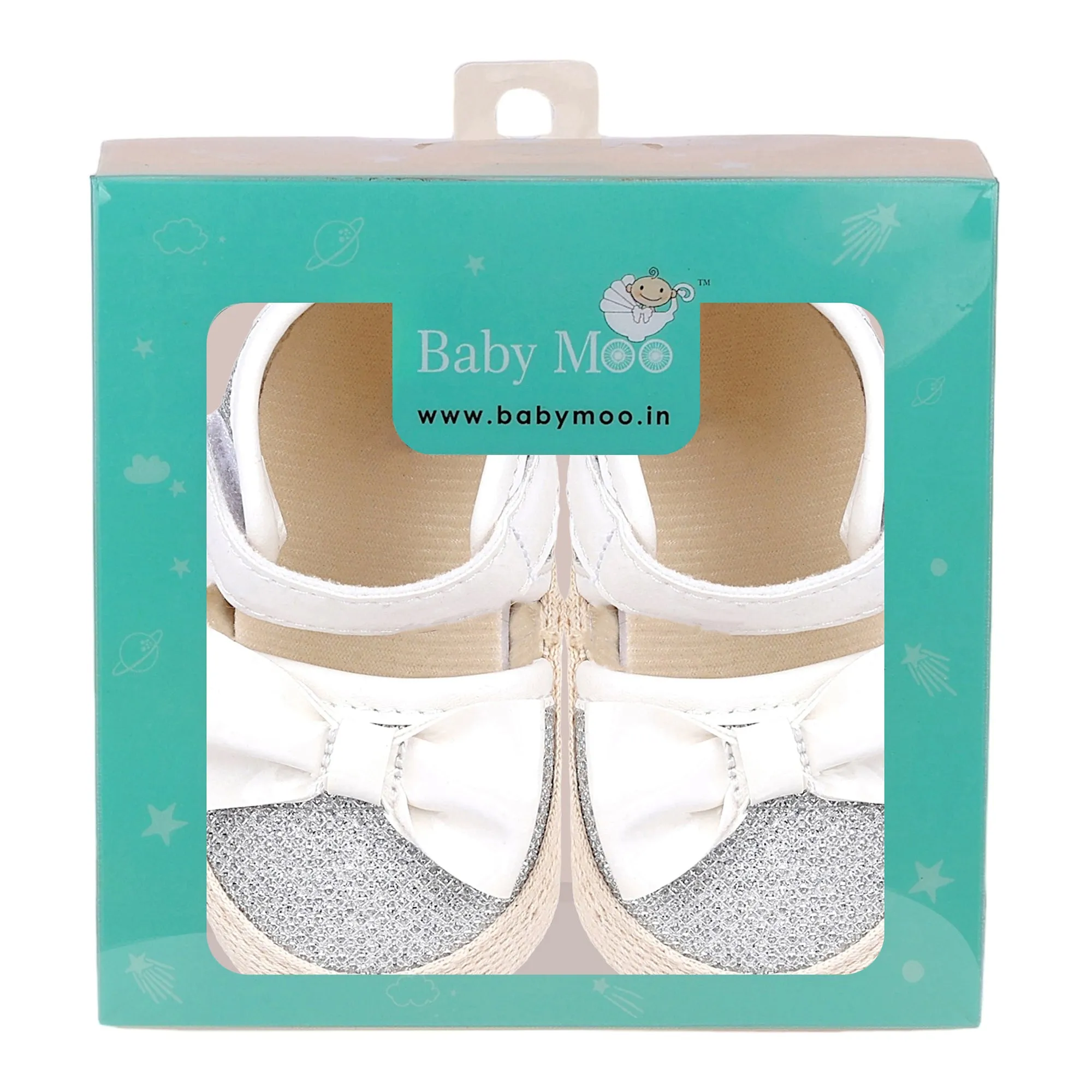 Baby Moo Glittery Partywear Bow Velcro Strap Anti-Skid Sandals - White