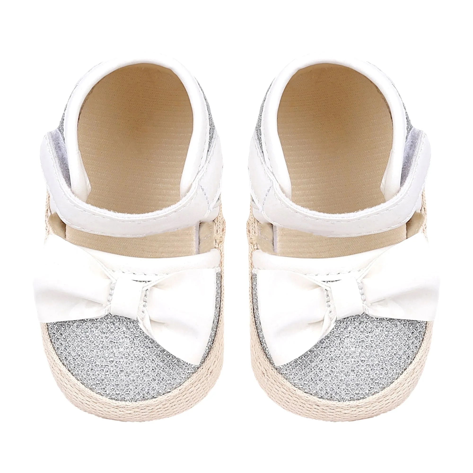 Baby Moo Glittery Partywear Bow Velcro Strap Anti-Skid Sandals - White