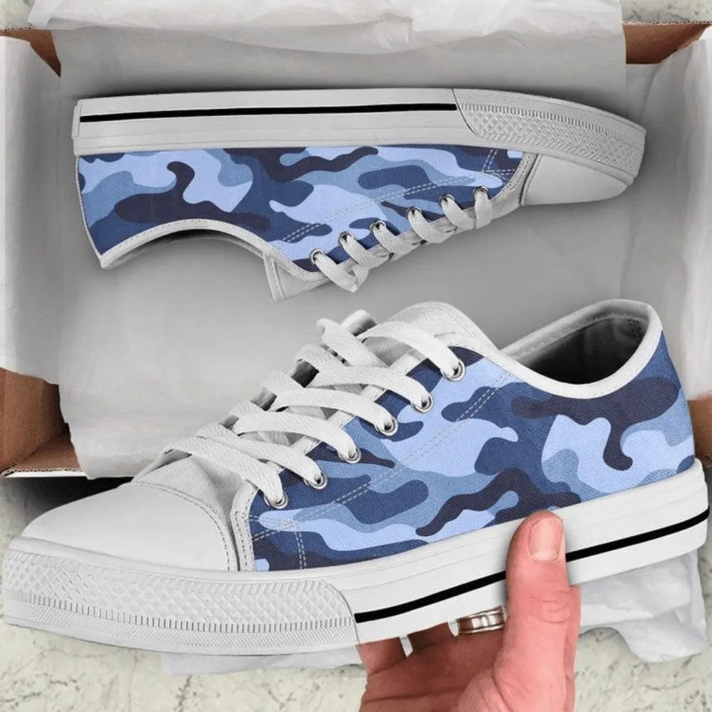 Blue Camo Camouflage Low Top Shoes, Low Top Sneaker, Low Top Canvas Shoes