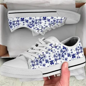 Cherry Blossom Blue Low Top Shoes, Low Top Sneaker, Low Top Canvas Shoes