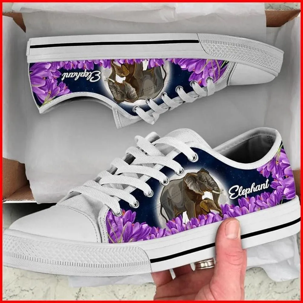 Elephant Purple Flower Canvas Low Top Shoes, Animal Print Canvas Shoes, Print On Canvas Shoes