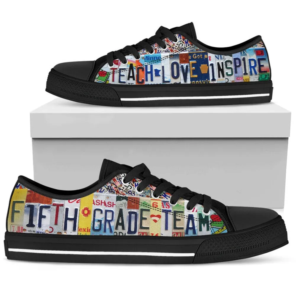 Fifth Grade Team License Plates Low Top Black Shoes, Teacher Shoes, Low Top Sneakers