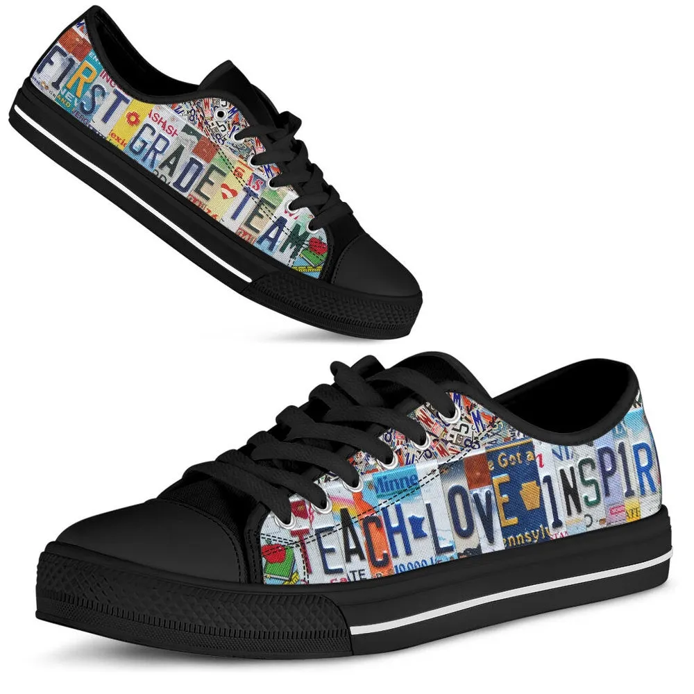 First Grade Team License Plates Low Top Black Shoes, Teacher Shoes, Low Top Sneakers