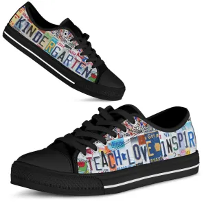 Kindergarten Teach Love License Plates Low Top Black Shoes, Teacher Shoes, Low Top Sneakers