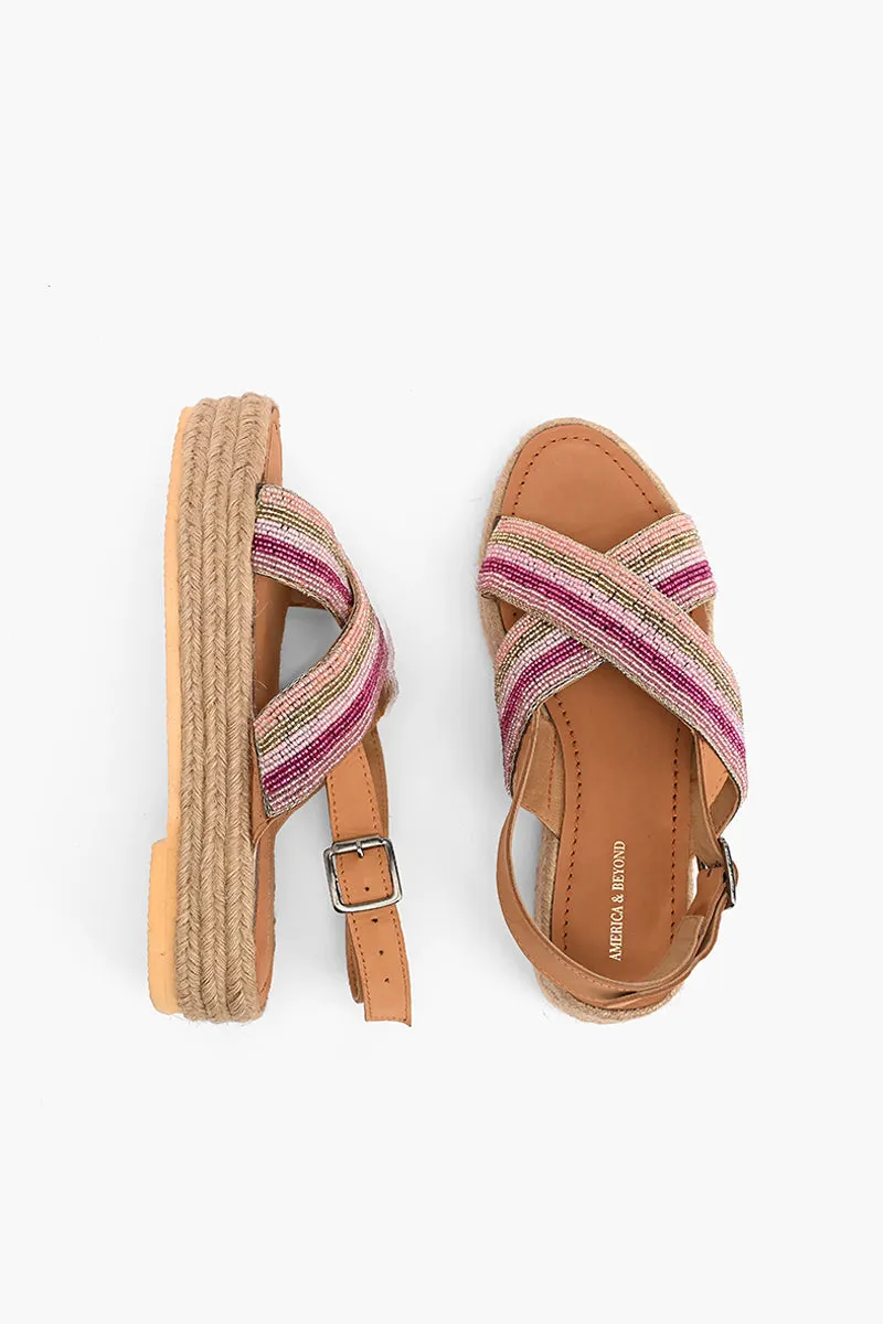 Pink Stripes Beaded Flatform Sandals