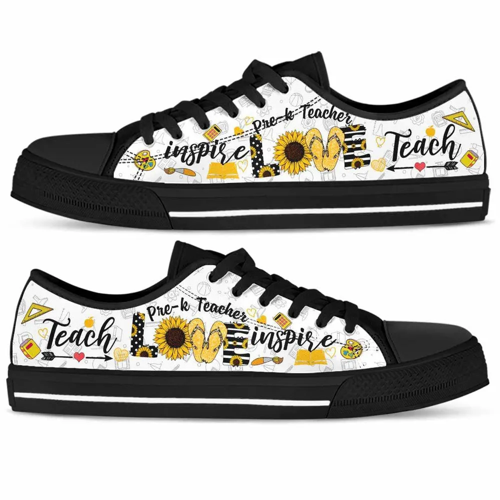 Pre K Teacher Sunflower Teach Love Inspire Low Top Shoes, Teacher Shoes, Low Top Sneakers