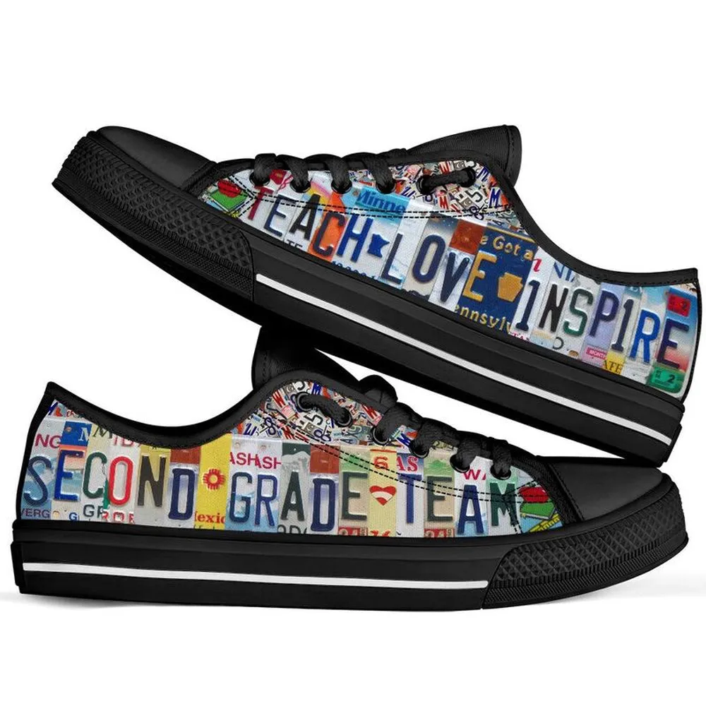 Second Grade Team License Plates Low Top Black Shoes, Teacher Shoes, Low Top Sneakers