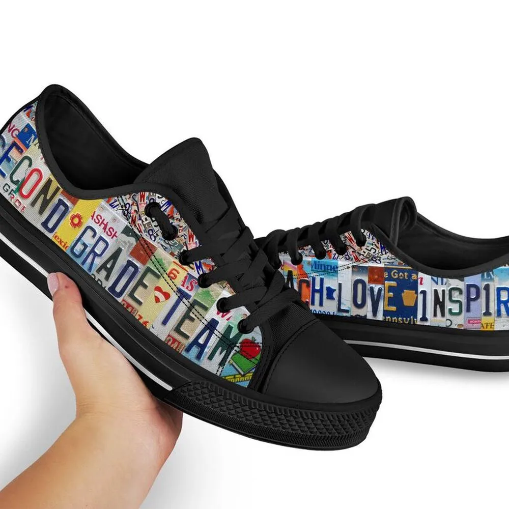 Second Grade Team License Plates Low Top Black Shoes, Teacher Shoes, Low Top Sneakers